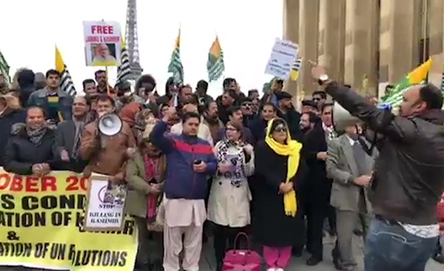 پیرس، ایفل ٹاور کے سامنے مقبوضہ کشمیر میں بھارتی مظالم کیخلاف احتجاجی مظاہرہ