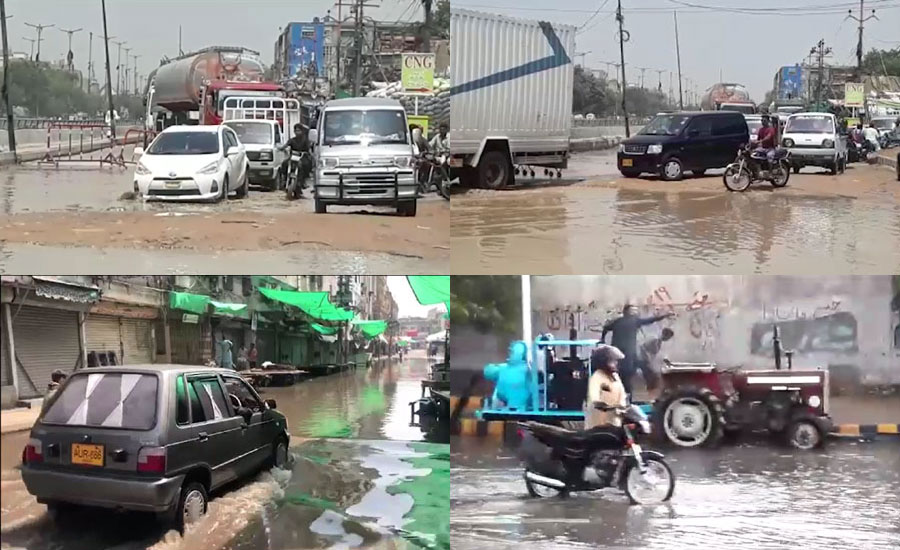 کراچی، بادل برسے کئی گھنٹے گزر گئے، سڑکوں، گلی محلوں میں بارش کا پانی تاحال موجود